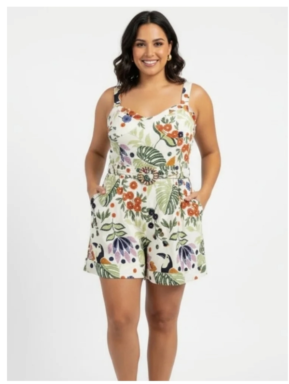 HOUSE OF HARLOW 1960 Women's Linen Blend Romper Belted Floral Tropical Print
